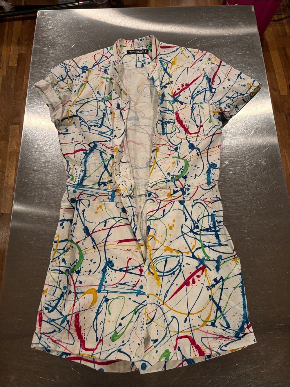 ROMPHIM White Multicolor Paint-Splash Short Sleeve Romper